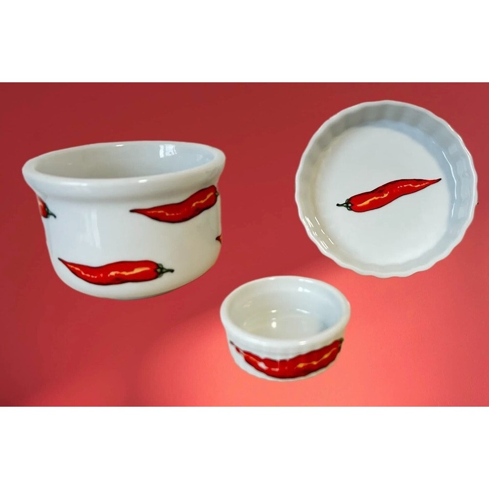 Vintage BIA Cordon Bleu Red Chili Peppers SET Three Bowls Ceramic Kitchenware
